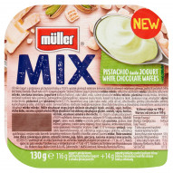 Müller Mix Jogurt o smaku pistacjowym z wafelkami z kremem mlecznym oblanymi białą czekoladą 130 g