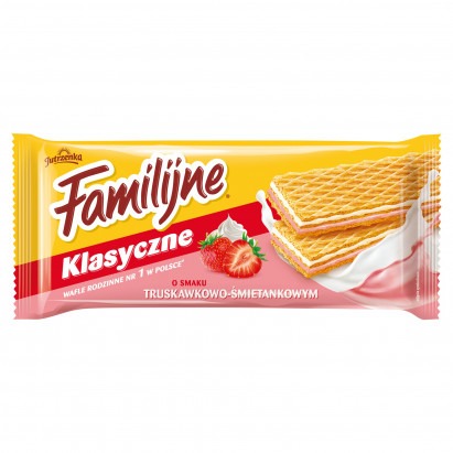 Familijne Klasyczne wafle o smaku truskawkowo-śmietankowym 180 g