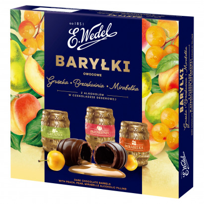 E. Wedel Baryłki owocowe gruszka brzoskwinia mirabelka z alkoholem w czekoladzie deserowej 200 g 