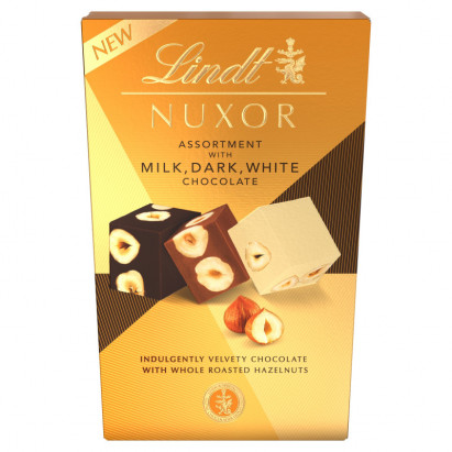 Lindt Nuxor Praliny z czekolady mlecznej oraz ciemnej Gianduja i praliny z białej czekolady 150 g