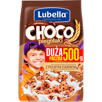 Lubella Choco piegołaki Zbożowe płatki śniadaniowe w kształcie ciasteczek o smaku czekoladowym 500 g