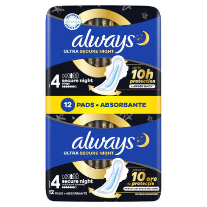 Always Podpaski Ultra Secure Night (rozmiar 4) Podpaski ze skrzydełkami, x 12]