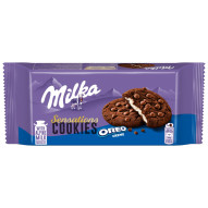 Milka Oreo Sensations, ciastka kakaowe z kawałkami czekolady i nadzieniem o smaku waniliowym - 156 g